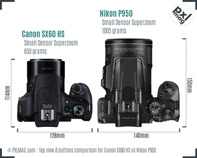 Canon SX60 HS vs Nikon P950 top view buttons comparison