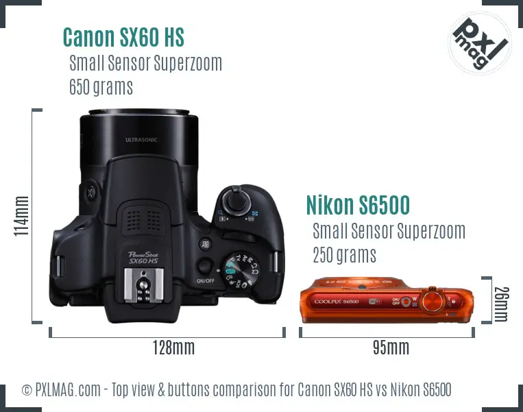 Canon SX60 HS vs Nikon S6500 top view buttons comparison Canon SX60 HS vs Nikon S6500 top view buttons comparison