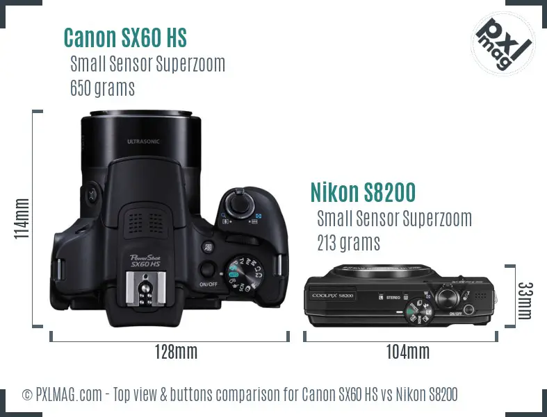Canon SX60 HS vs Nikon S8200 top view buttons comparison Canon SX60 HS vs Nikon S8200 top view buttons comparison