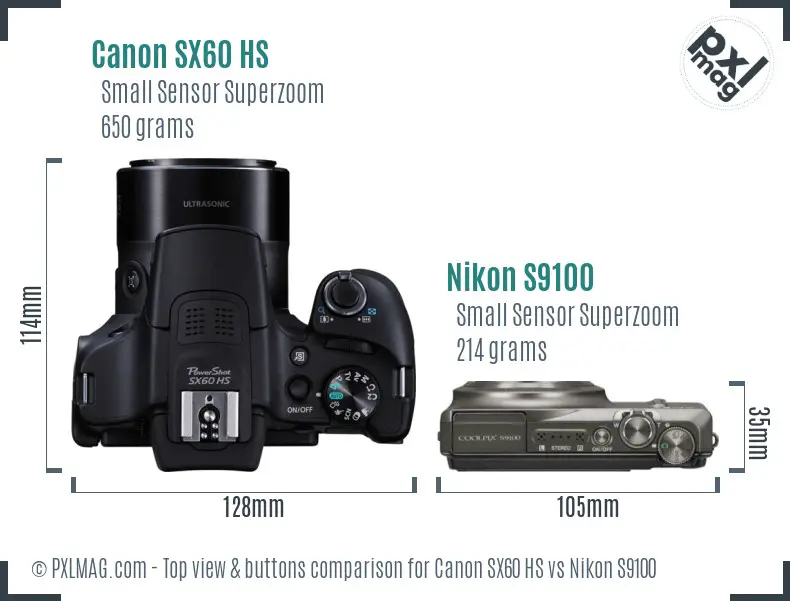 Canon SX60 HS vs Nikon S9100 top view buttons comparison