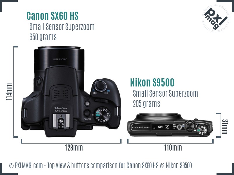 Canon SX60 HS vs Nikon S9500 top view buttons comparison