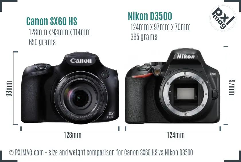 Canon SX60 HS vs Nikon D3500 size comparison