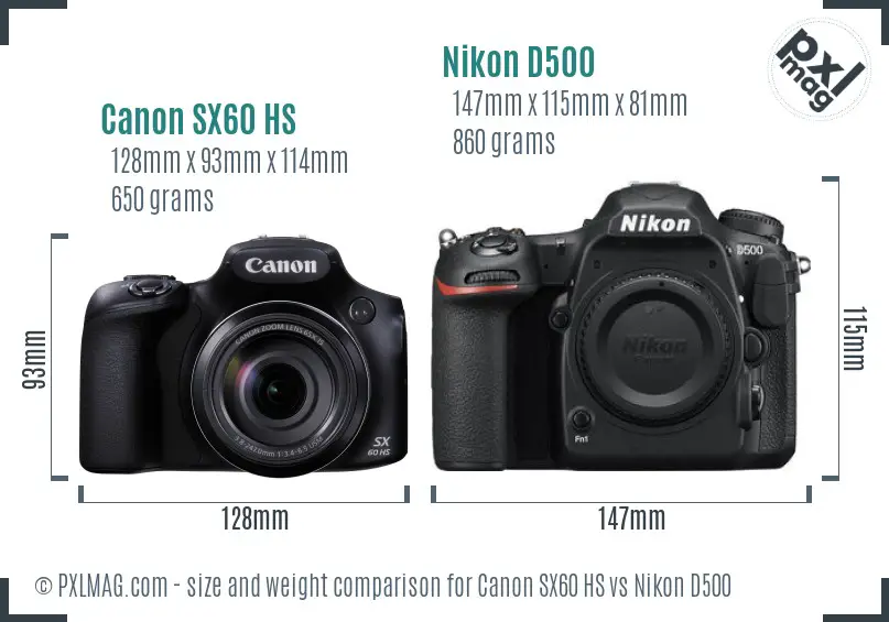 Canon SX60 HS vs Nikon D500 size comparison