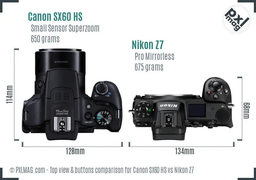 Canon SX60 HS vs Nikon Z7 top view buttons comparison