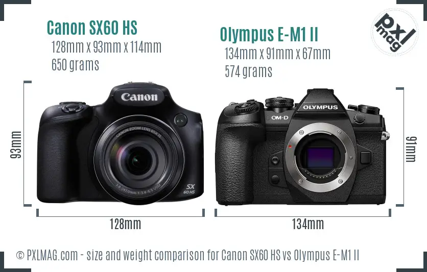Canon SX60 HS vs Olympus E-M1 II size comparison