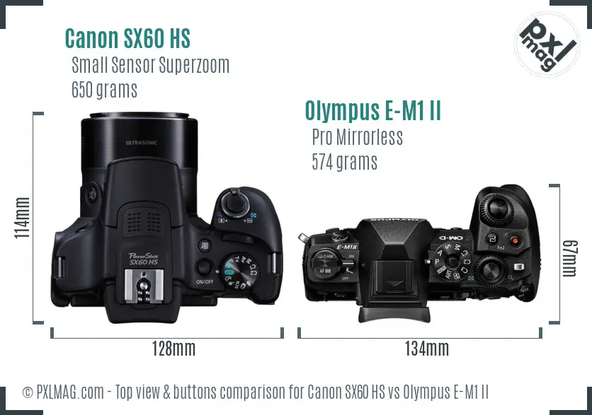 Canon SX60 HS vs Olympus E-M1 II top view buttons comparison