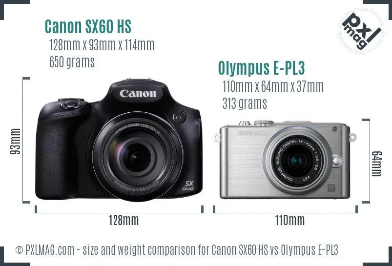 Canon SX60 HS vs Olympus E-PL3 size comparison