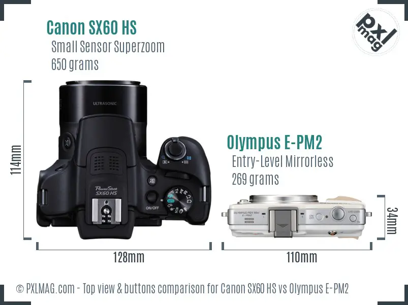 Canon SX60 HS vs Olympus E-PM2 top view buttons comparison