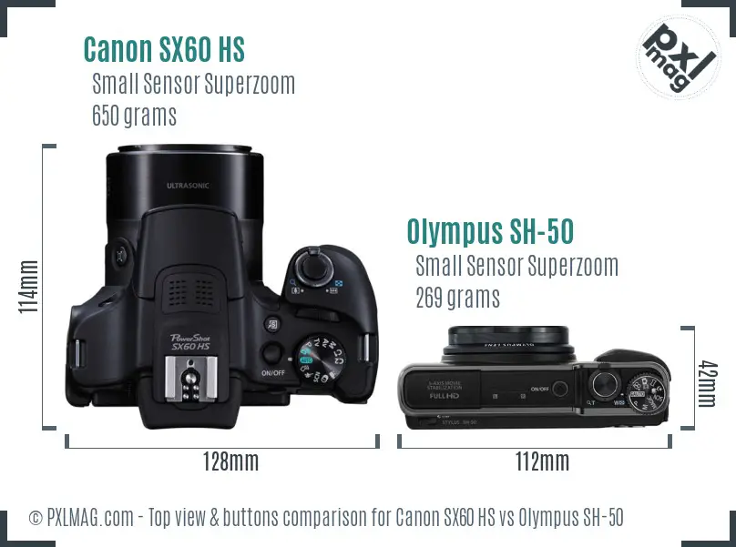 Canon SX60 HS vs Olympus SH-50 top view buttons comparison