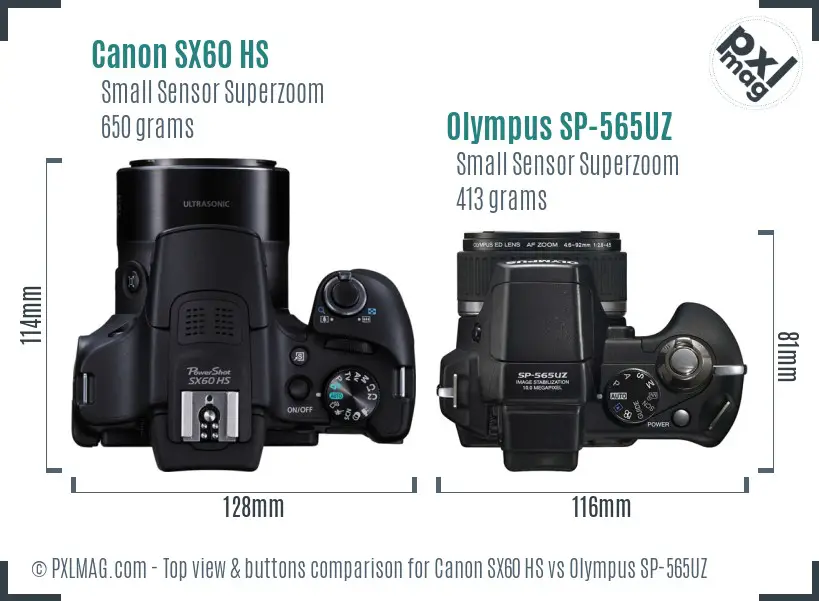Canon SX60 HS vs Olympus SP-565UZ top view buttons comparison Canon SX60 HS vs Olympus SP-565UZ top view buttons comparison