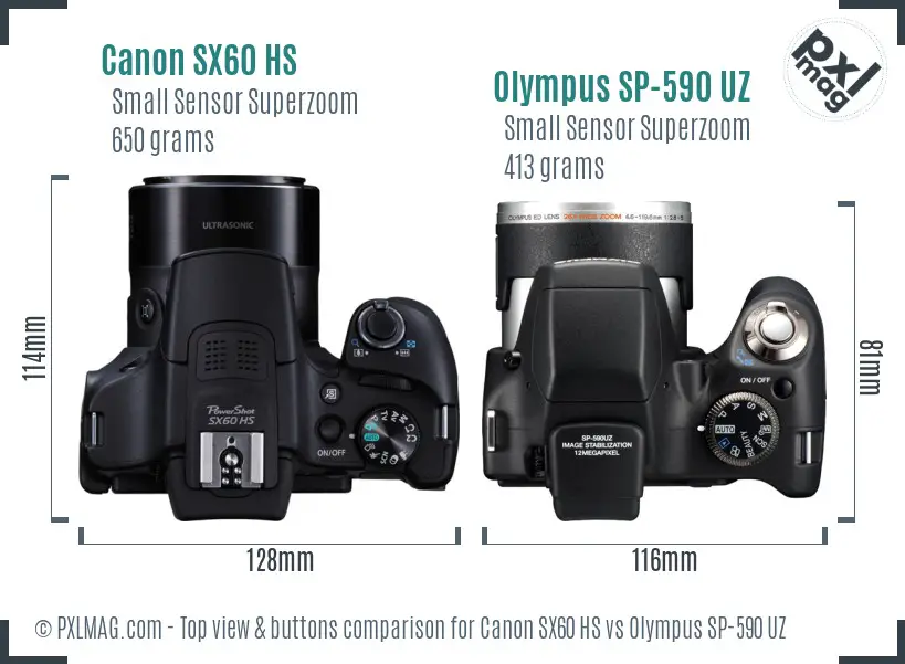 Canon SX60 HS vs Olympus SP-590 UZ top view buttons comparison