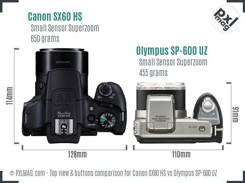 Canon SX60 HS vs Olympus SP-600 UZ top view buttons comparison Canon SX60 HS vs Olympus SP-600 UZ top view buttons comparison