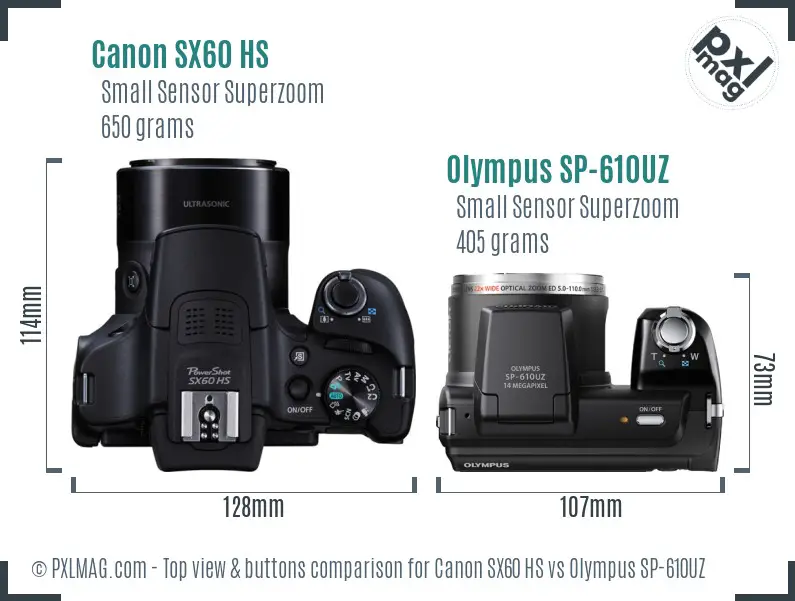 Canon SX60 HS vs Olympus SP-610UZ top view buttons comparison Canon SX60 HS vs Olympus SP-610UZ top view buttons comparison
