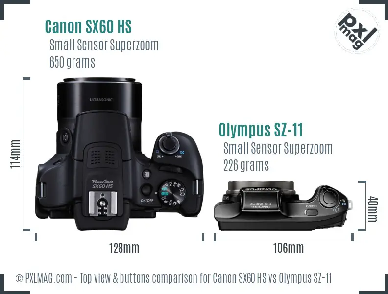 Canon SX60 HS vs Olympus SZ-11 top view buttons comparison