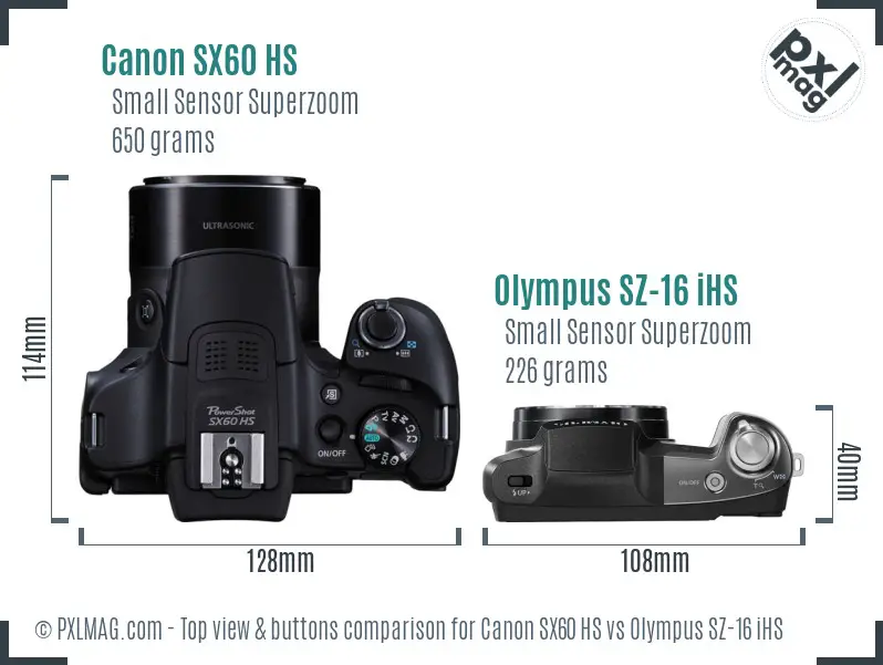 Canon SX60 HS vs Olympus SZ-16 iHS top view buttons comparison Canon SX60 HS vs Olympus SZ-16 iHS top view buttons comparison