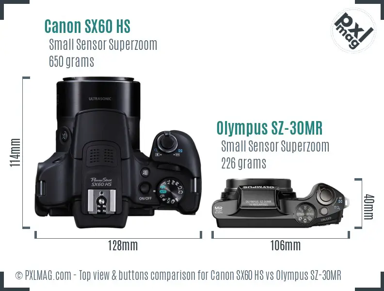 Canon SX60 HS vs Olympus SZ-30MR top view buttons comparison Canon SX60 HS vs Olympus SZ-30MR top view buttons comparison
