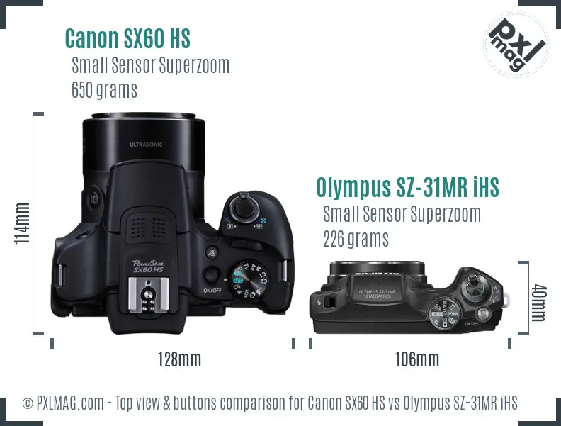 Canon SX60 HS vs Olympus SZ-31MR iHS top view buttons comparison