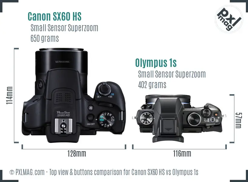 Canon SX60 HS vs Olympus 1s top view buttons comparison