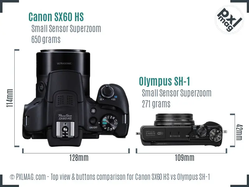 Canon SX60 HS vs Olympus SH-1 top view buttons comparison