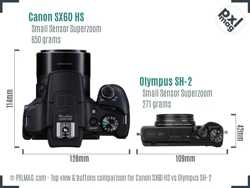 Canon SX60 HS vs Olympus SH-2 top view buttons comparison