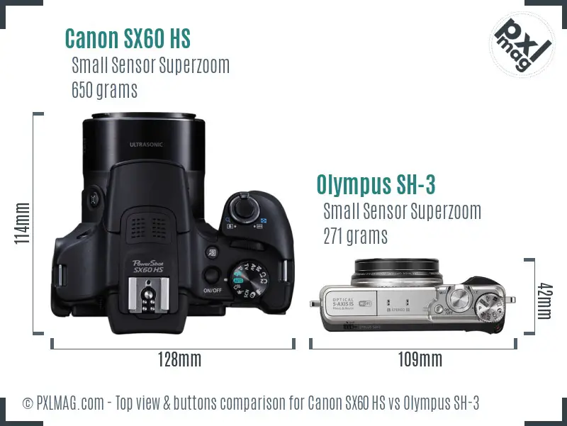 Canon SX60 HS vs Olympus SH-3 top view buttons comparison