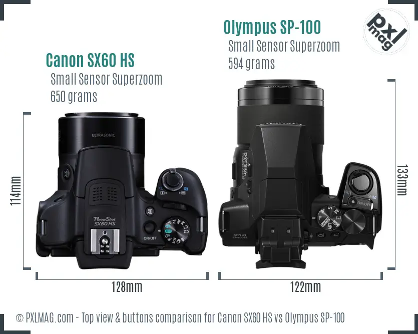 Canon SX60 HS vs Olympus SP-100 top view buttons comparison