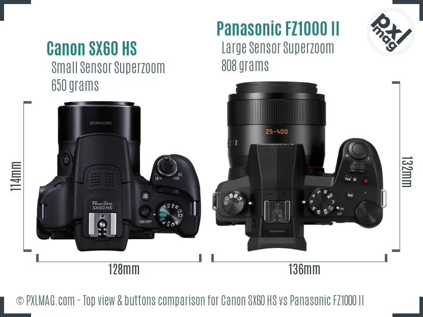 Canon SX60 HS vs Panasonic FZ1000 II top view buttons comparison Canon SX60 HS vs Panasonic FZ1000 II top view buttons comparison
