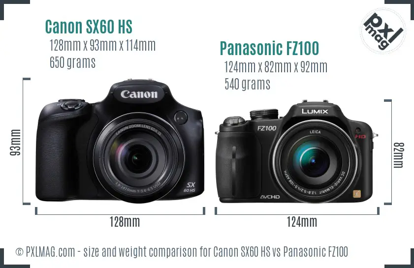 Canon SX60 HS vs Panasonic FZ100 size comparison