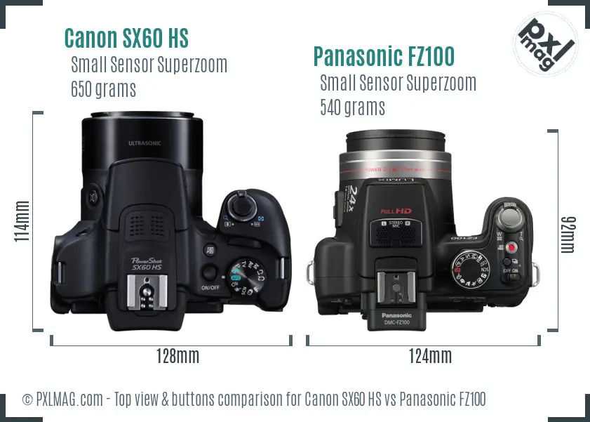 Canon SX60 HS vs Panasonic FZ100 top view buttons comparison