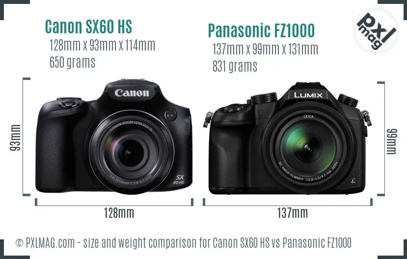 Canon SX60 HS vs Panasonic FZ1000 size comparison