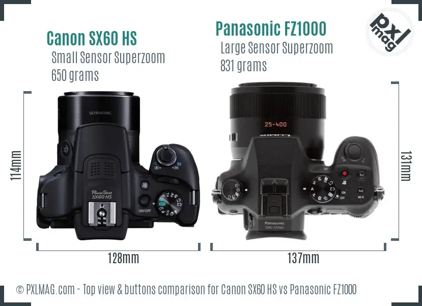 Canon SX60 HS vs Panasonic FZ1000 top view buttons comparison