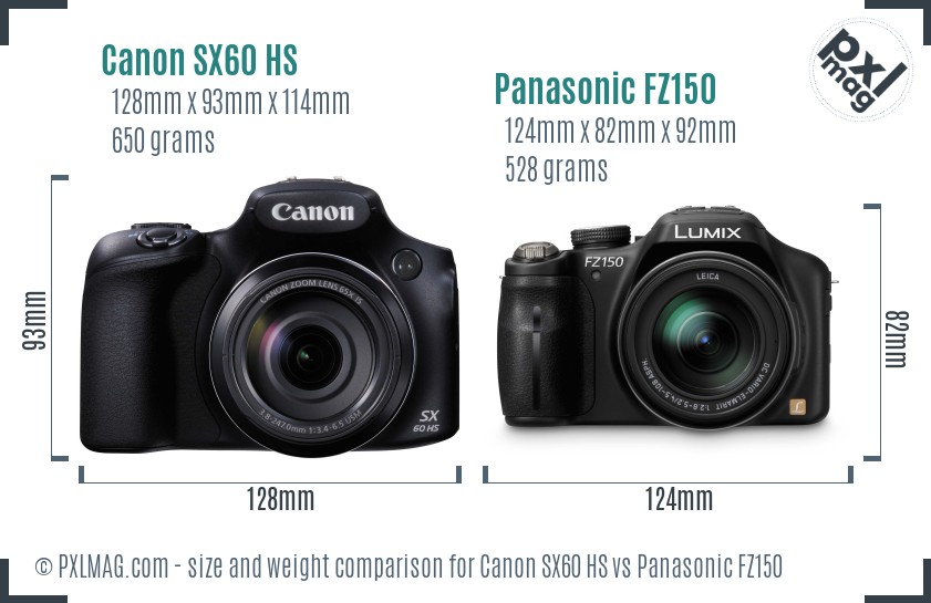 Canon SX60 HS vs Panasonic FZ150 size comparison