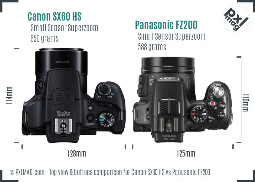 Canon SX60 HS vs Panasonic FZ200 top view buttons comparison
