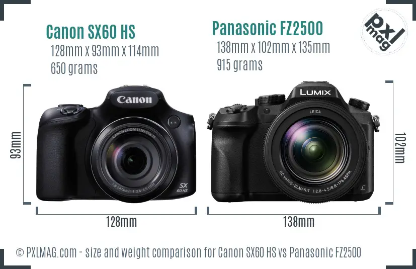 Canon SX60 HS vs Panasonic FZ2500 size comparison