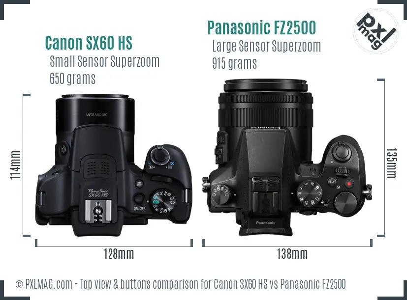 Canon SX60 HS vs Panasonic FZ2500 top view buttons comparison