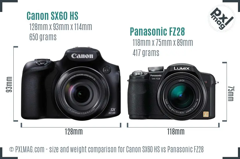 Canon SX60 HS vs Panasonic FZ28 size comparison Canon SX60 HS vs Panasonic FZ28 size comparison