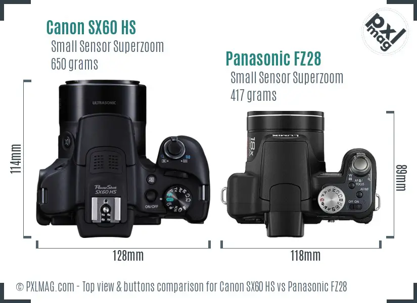 Canon SX60 HS vs Panasonic FZ28 top view buttons comparison Canon SX60 HS vs Panasonic FZ28 top view buttons comparison
