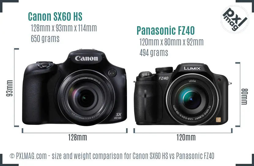 Canon SX60 HS vs Panasonic FZ40 size comparison