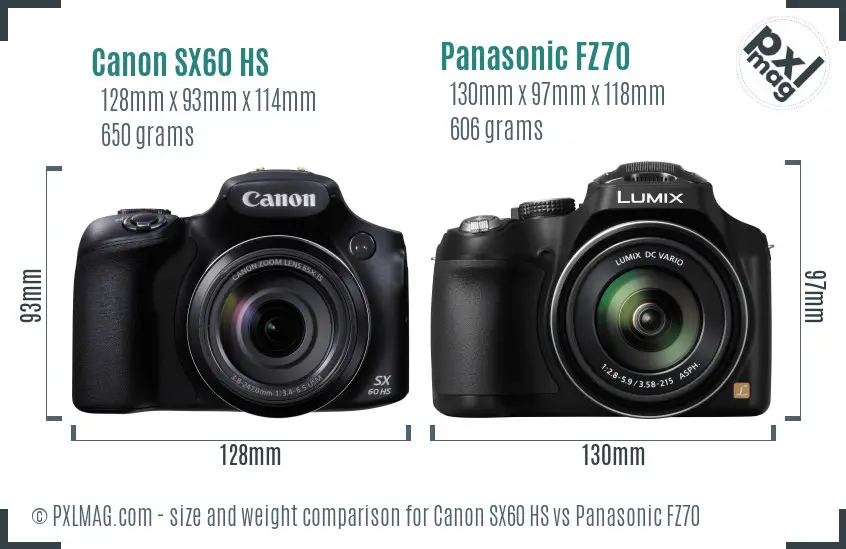 Canon SX60 HS vs Panasonic FZ70 size comparison