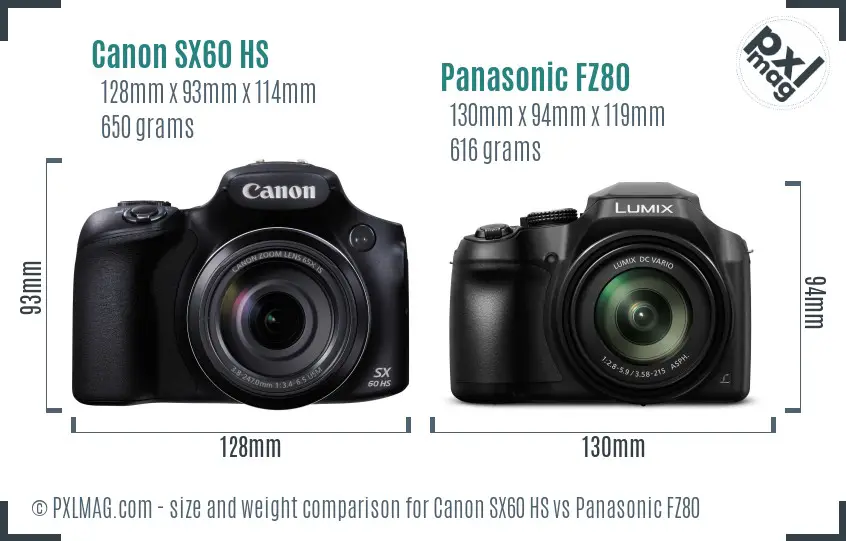 Canon SX60 HS vs Panasonic FZ80 size comparison
