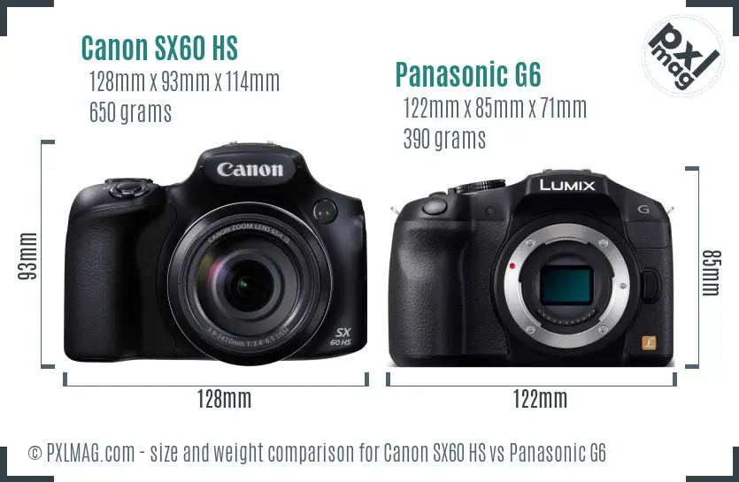 Canon SX60 HS vs Panasonic G6 size comparison