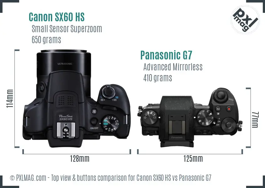 Canon SX60 HS vs Panasonic G7 top view buttons comparison