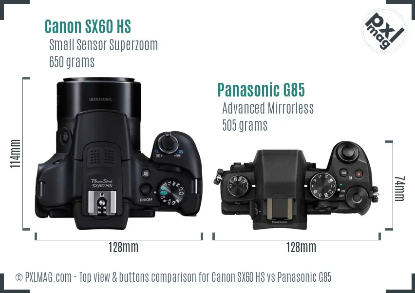 Canon SX60 HS vs Panasonic G85 top view buttons comparison Canon SX60 HS vs Panasonic G85 top view buttons comparison