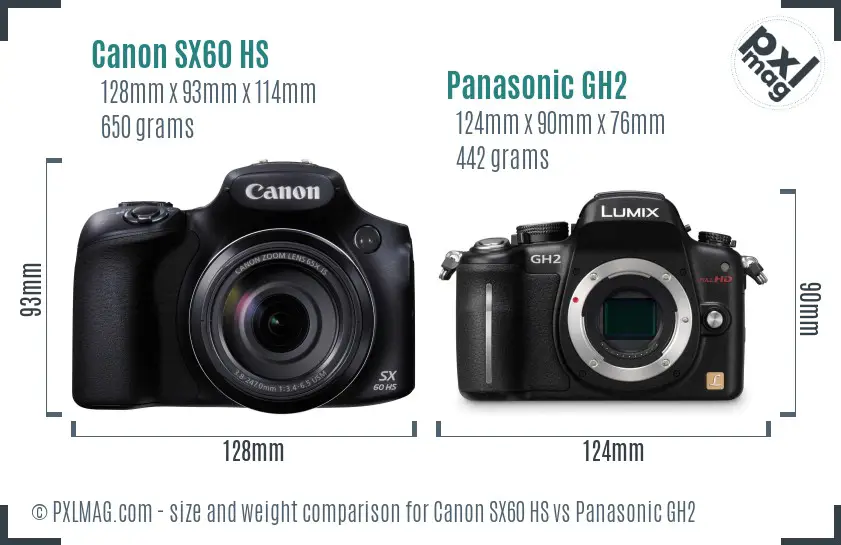 Canon SX60 HS vs Panasonic GH2 size comparison