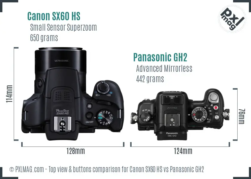 Canon SX60 HS vs Panasonic GH2 top view buttons comparison