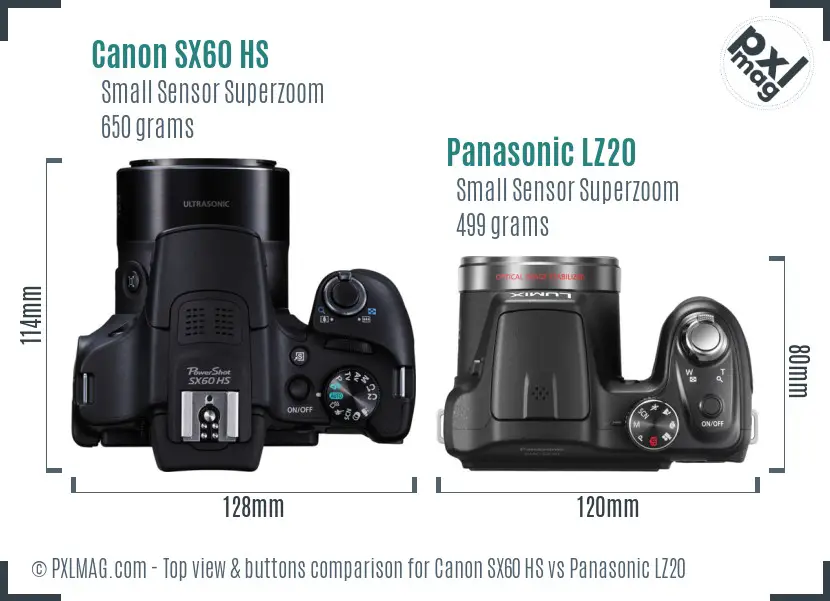Canon SX60 HS vs Panasonic LZ20 top view buttons comparison