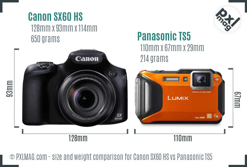Canon SX60 HS vs Panasonic TS5 size comparison