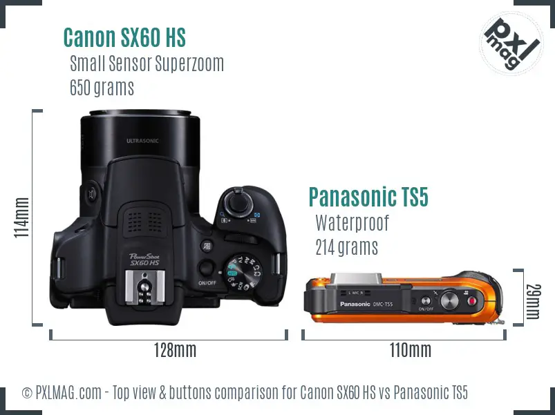 Canon SX60 HS vs Panasonic TS5 top view buttons comparison