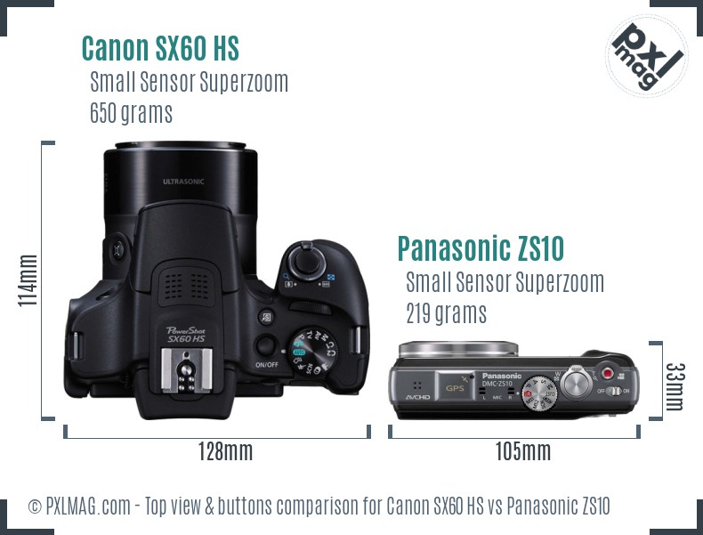 Canon SX60 HS vs Panasonic ZS10 top view buttons comparison