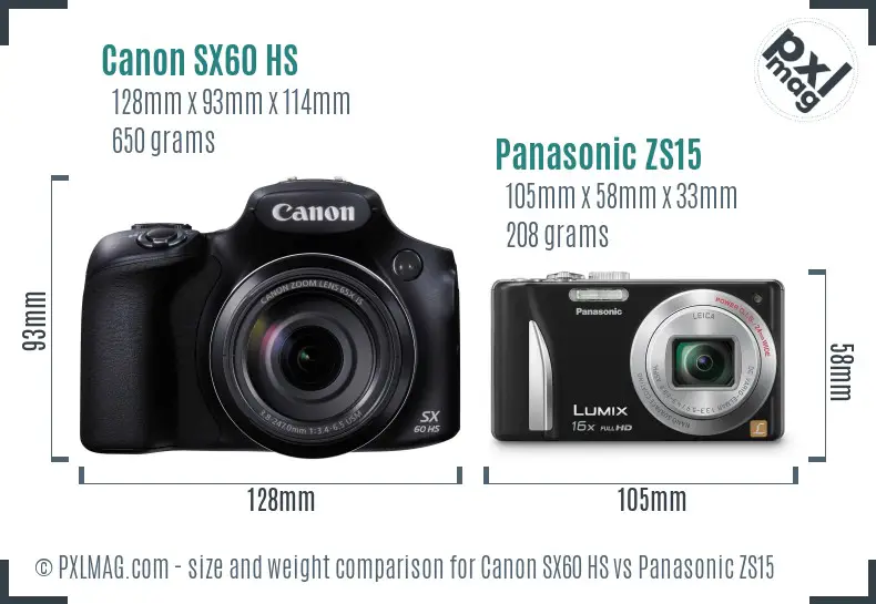 Canon SX60 HS vs Panasonic ZS15 size comparison Canon SX60 HS vs Panasonic ZS15 size comparison